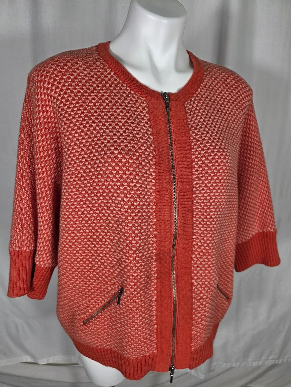 CAbi XL Coral 100% Cotton Textured Zip Up Sweater Cardigan Asymmetrical Hem